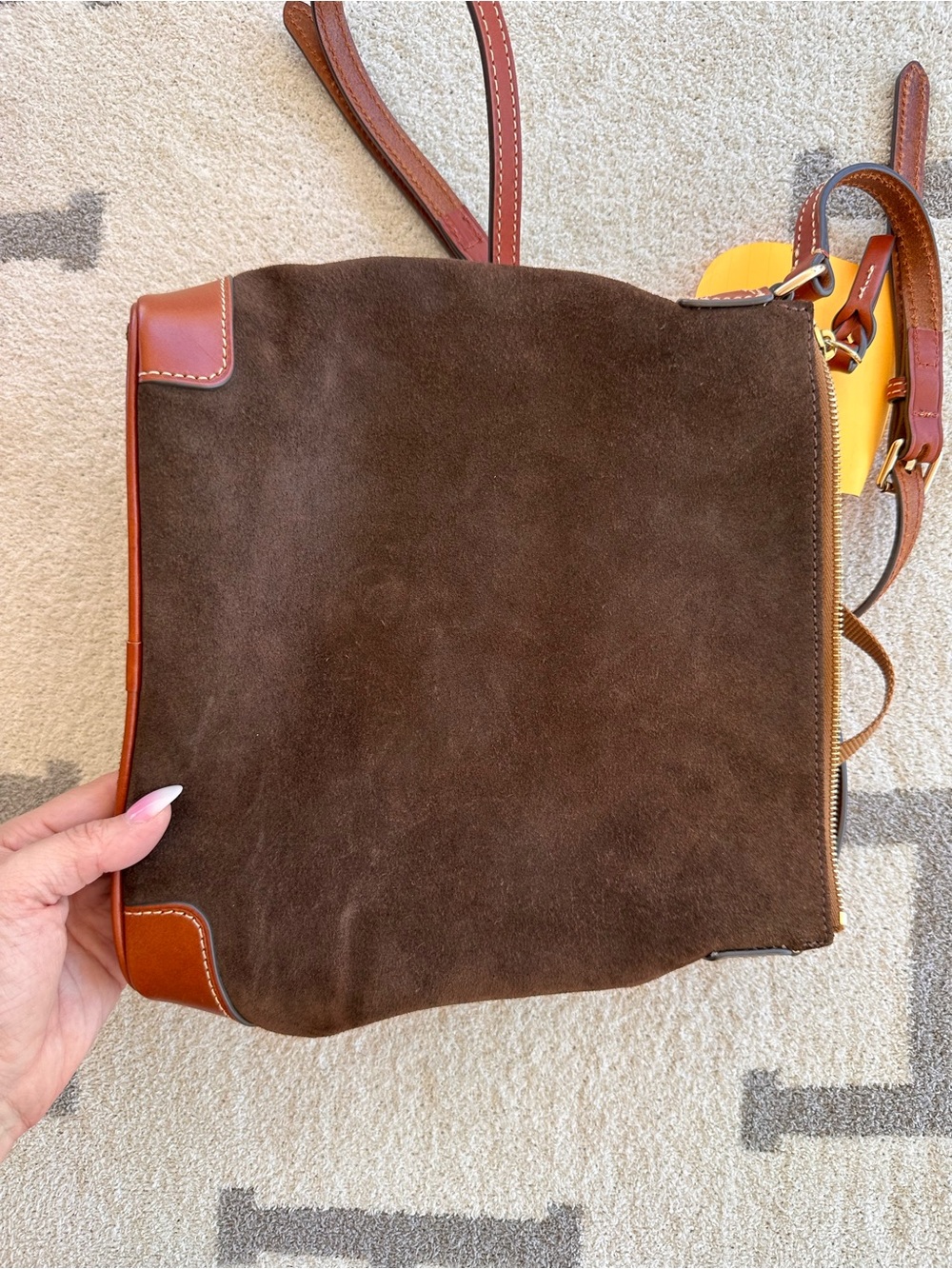 Dooney & Bourke Dark Brown Suede Crossbody Bag with Tan Trim - Picture 7 of 15